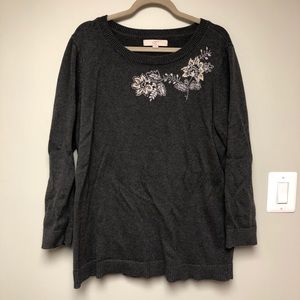 Embroidered Floral LOFT Gray Sweater 20/22